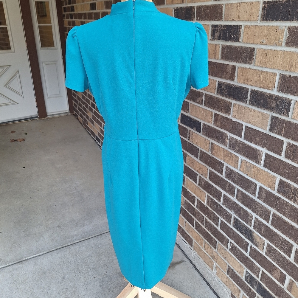 Maggy London Tie Neck Teal Dress - Picture 13 of 14